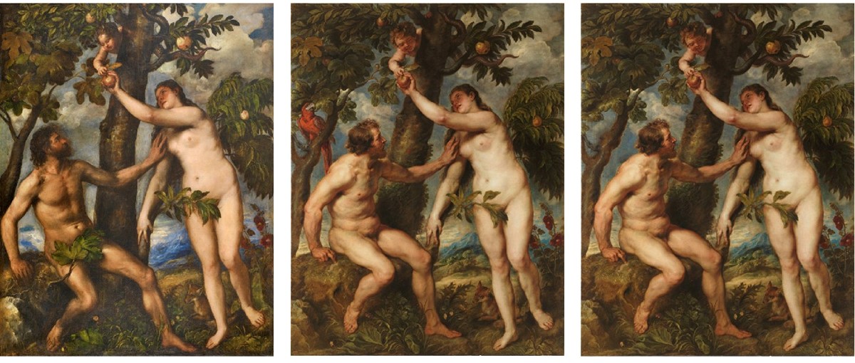 S lijeva na desno: Tizianova i Rubensova slika te Rubensova slika s digitalno uklonjenom papigom 📷 NYIT