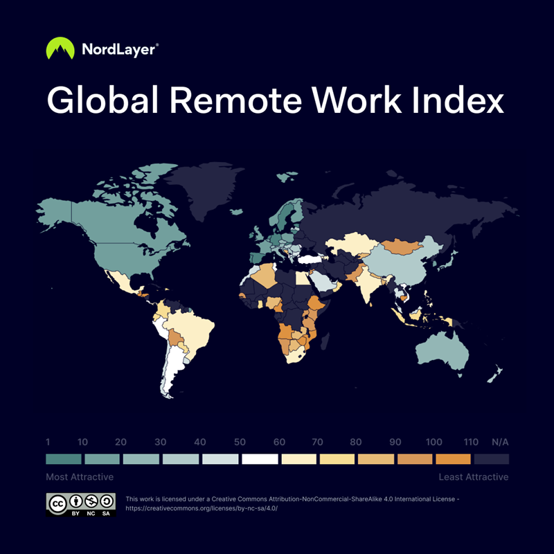 Rangiranje 108 ispitanih zemalja, prema podacima analiziranim za Globalni indeks rada na daljinu 2023 📷 Nordlayer