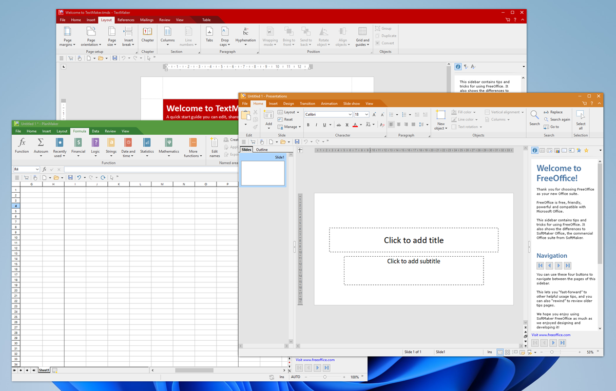 FreeOffice potpuno je besplatni paket uredskih alata, koji je kompatibilan s Officeovim formatima, a nudi tri osnovna alata, i to TextMaker, PlanMaker i Presentations, što bi većini trebalo biti i više nego dovoljno…