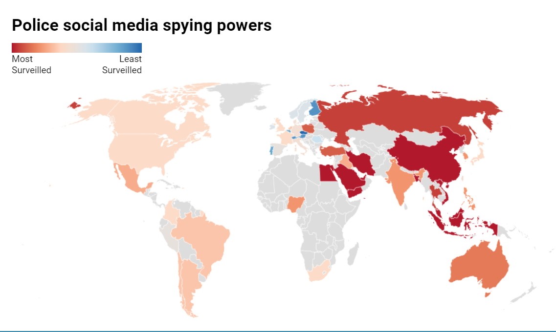 Zemlje i intenzitet policijskog nadzora društvenih mreža 📷 izvor: Comparitech