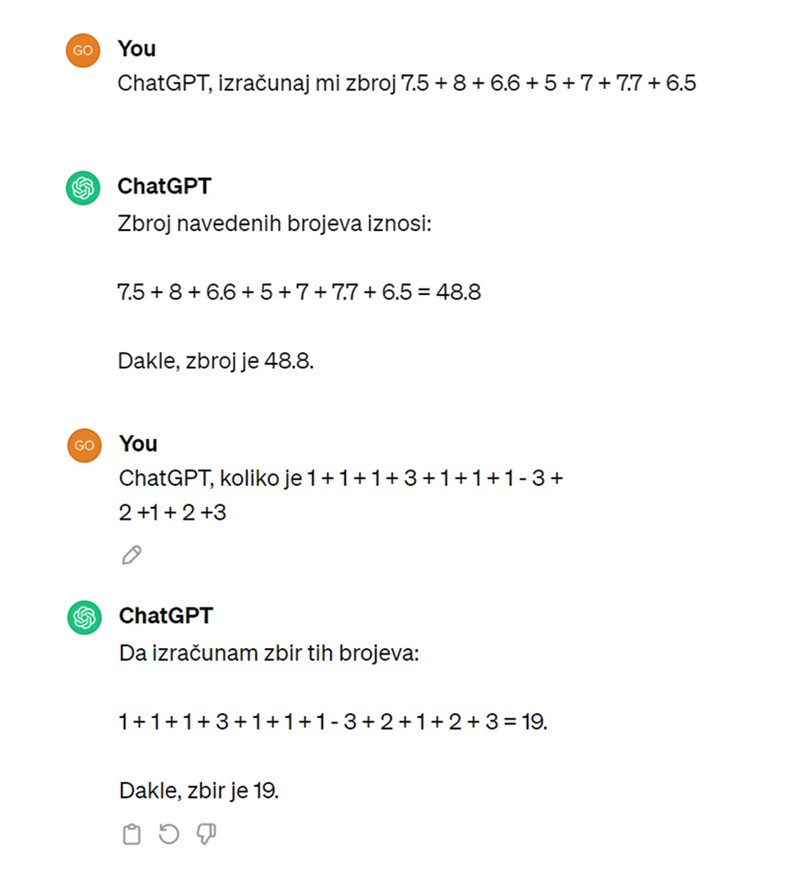 Pogreške su nekad bile i gore, pa je tako u ožujku ChatGPT-3.5 griješio i na ovakvim zadacima. U međuvremenu je situacija zakrpana siljenjem toga da razbija operacije u manje i zbraja rezultate, a u 4.0 inačicama ChatGPT sada piše i Python program da izračuna rezultat
