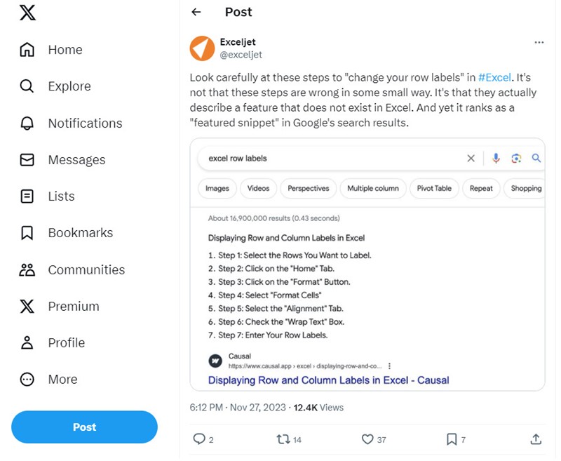 Opis nepostojeće funkcije u Excelu bio je featured snippet Googlea, na koji je upozorio autor tweeta, istražujući tvrtku koja ga je SEO-om pokrala preko UI-jem napisanih članaka