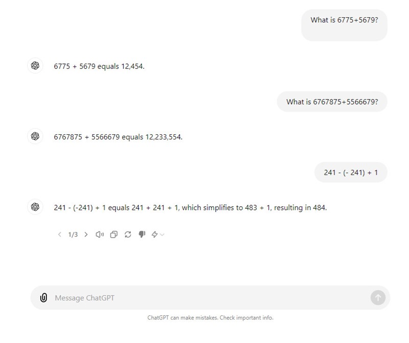 Točan odgovor na posljednje pitanje je 483. ChatGPT-3.5 je i nakon mnogo mjeseci  i desetaka tisuća intervencija još razmjerno lako “podčkaliti"