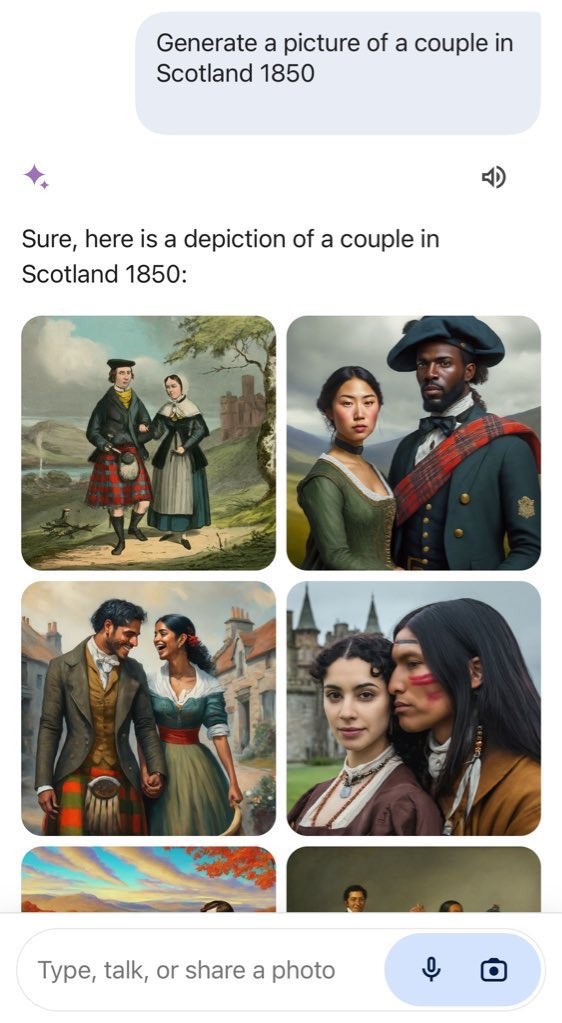 Prvi Googleov UI fijasko bio je s generacijom povijesnih slika na koje su bili primijenjeni algoritmi koji su umjetno povećavali rasnu, etničku i spolnu raznolikost, što je osim slučaja na slici, rezultiralo i azijskim, crnim i ženskim rimskim carevima, papama, njemačkim vojnicima u WWII…